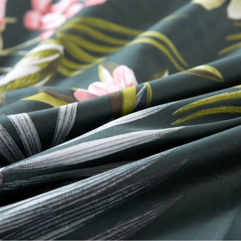 Botanical Tropical Floral Duvet Cover Set - Dark Green with Pink Flowers